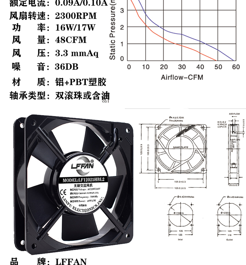 LFFAN工业静音220V机柜配电箱电焊机设备轴流纯铜电机散
