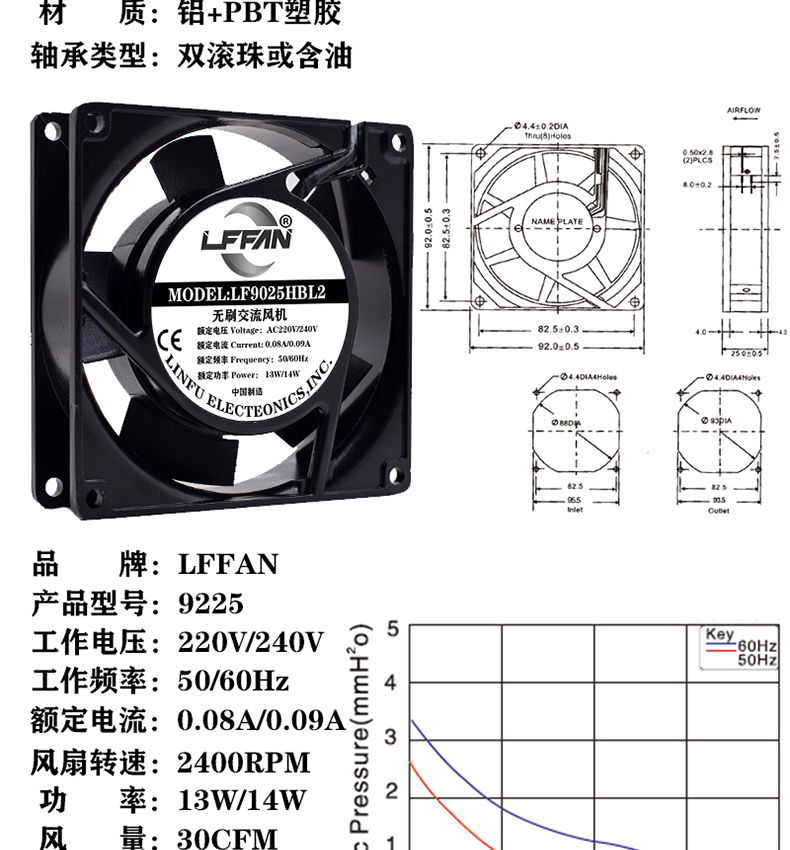 LFFAN工业静音220V机柜配电箱电焊机设备轴流纯铜电机散